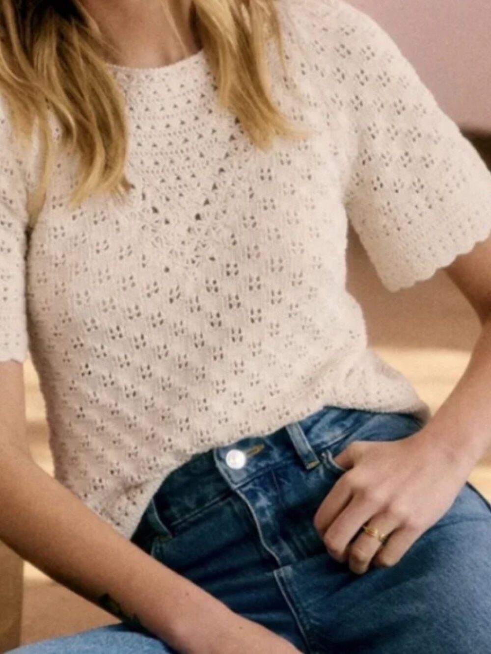 Sezane Laila Ecru Crochet Knit Short-Sleeve Sweater in Size XL
